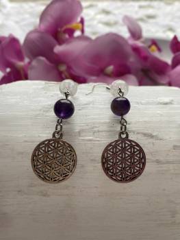 BLUME DES LEBENS OHRHÄNGER MIT EINEM AMETHYST UND BERGKRISTALL