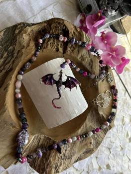 LANGE DRACHEN EDELSTEIN SCHUTZKETTEN HANDGEFÄDELT - Lila pink - AMETHYST ROSENQUARZ UDGL