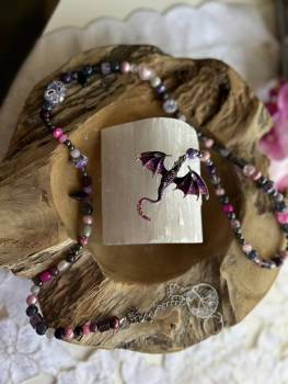 LANGE DRACHEN EDELSTEIN SCHUTZKETTEN HANDGEFÄDELT - Lila pink - AMETHYST ROSENQUARZ UDGL