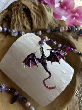 LANGE DRACHEN EDELSTEIN SCHUTZKETTEN HANDGEFÄDELT - Lila pink - AMETHYST ROSENQUARZ UDGL