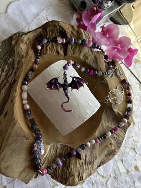 LANGE DRACHEN EDELSTEIN SCHUTZKETTEN HANDGEFÄDELT - Lila pink - AMETHYST ROSENQUARZ UDGL